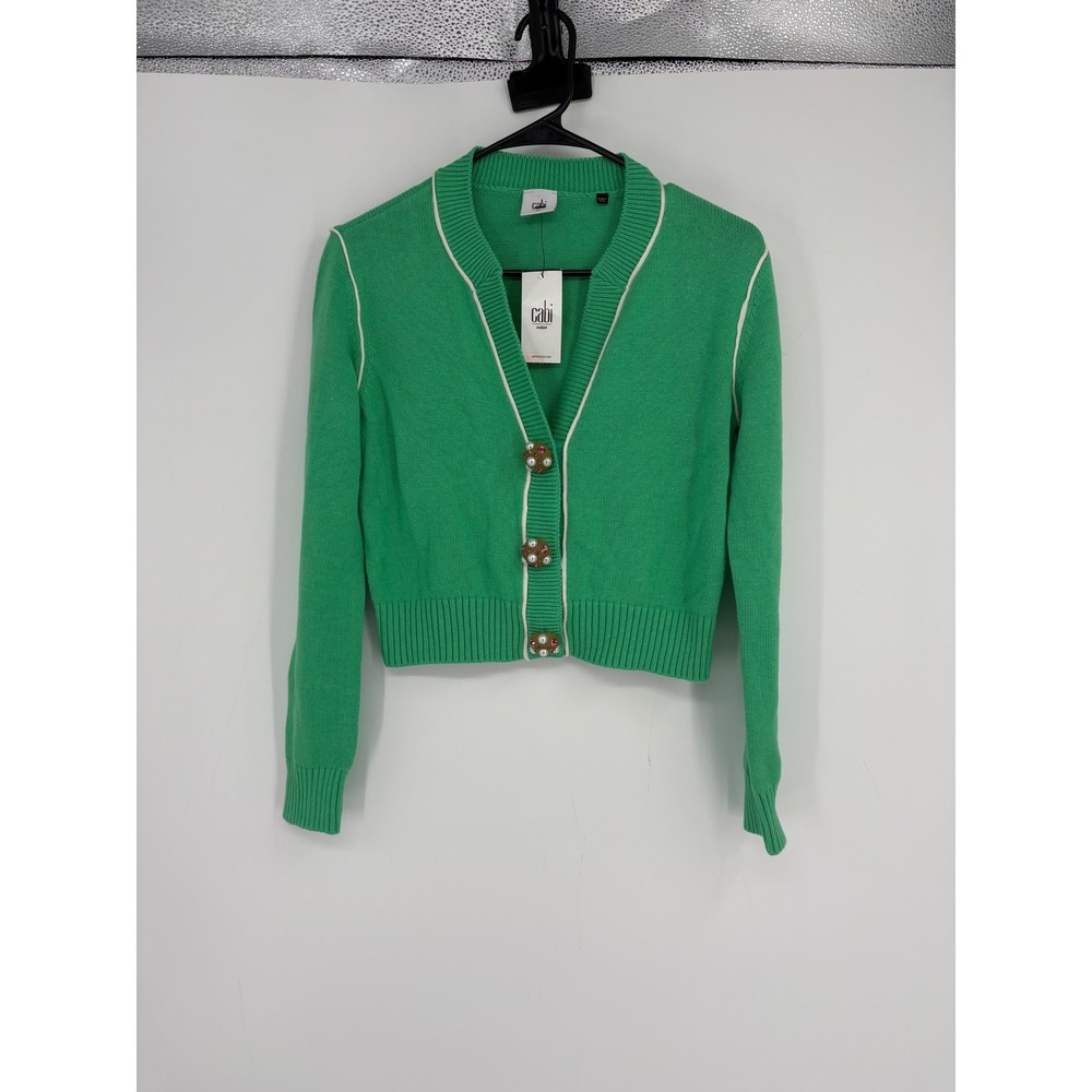 Cabi Cardigan Women XS Green Cabi Outlet Cropped Embellished Pearl Button V-Neck